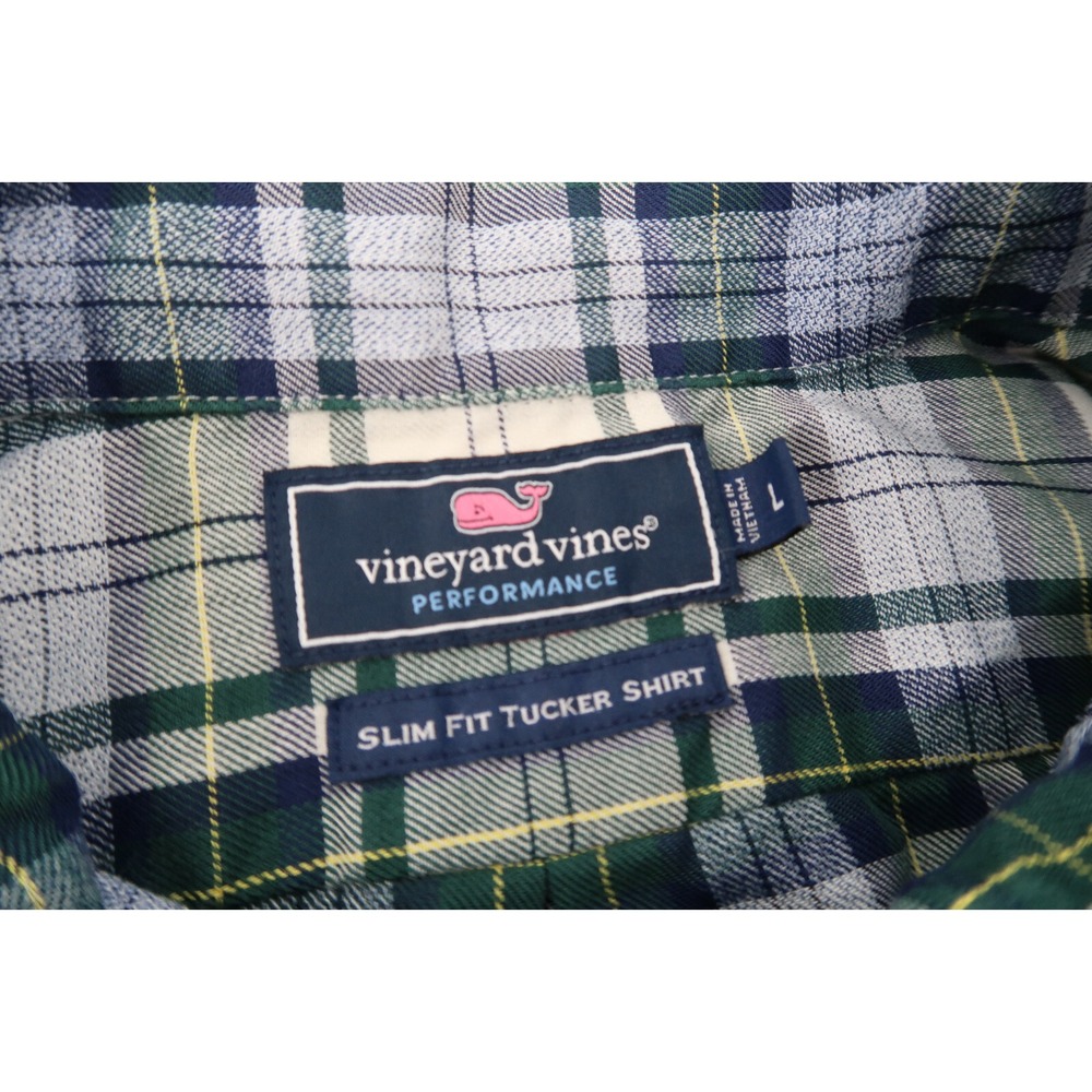 Vineyard Vines Performance Mens Large Green Blue Plaid Slim Fit Tucker Shirt - Picture 3 of 8
